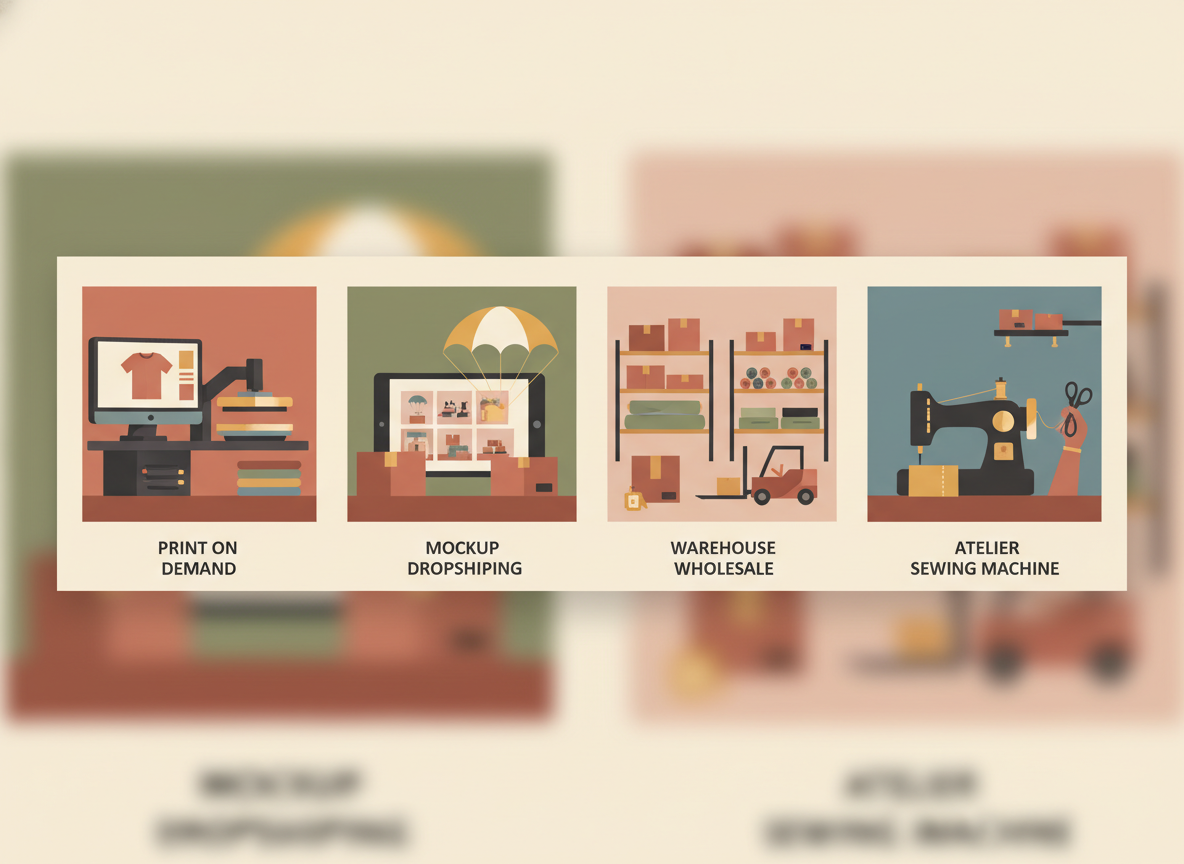 Four side by side workspaces showing print on demand mockup dropshipping warehouse wholesale rack and atelier sewing machine