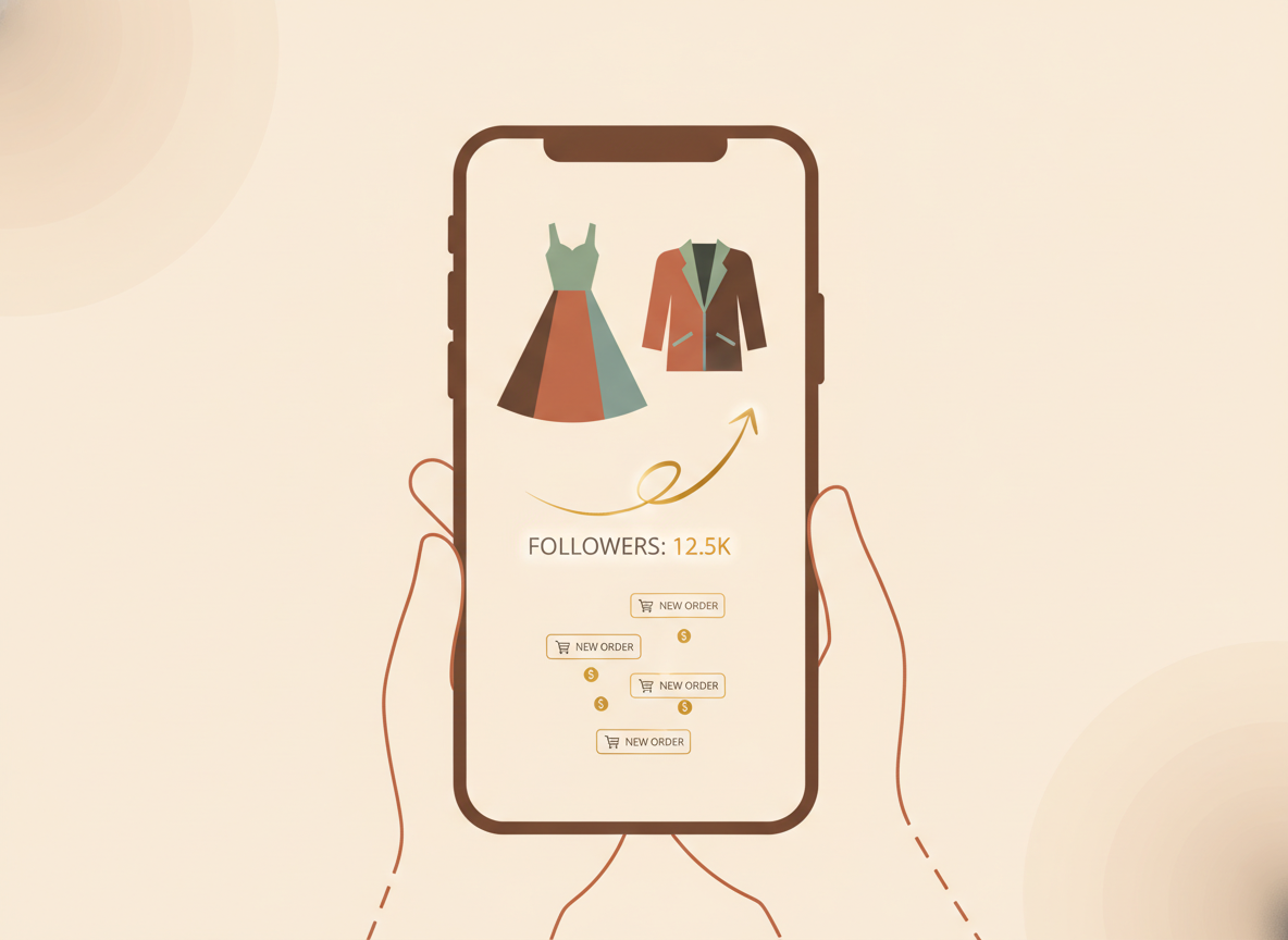 Phone screen showing a clothing brand reel being filmed with rising follower count and incoming order notifications
