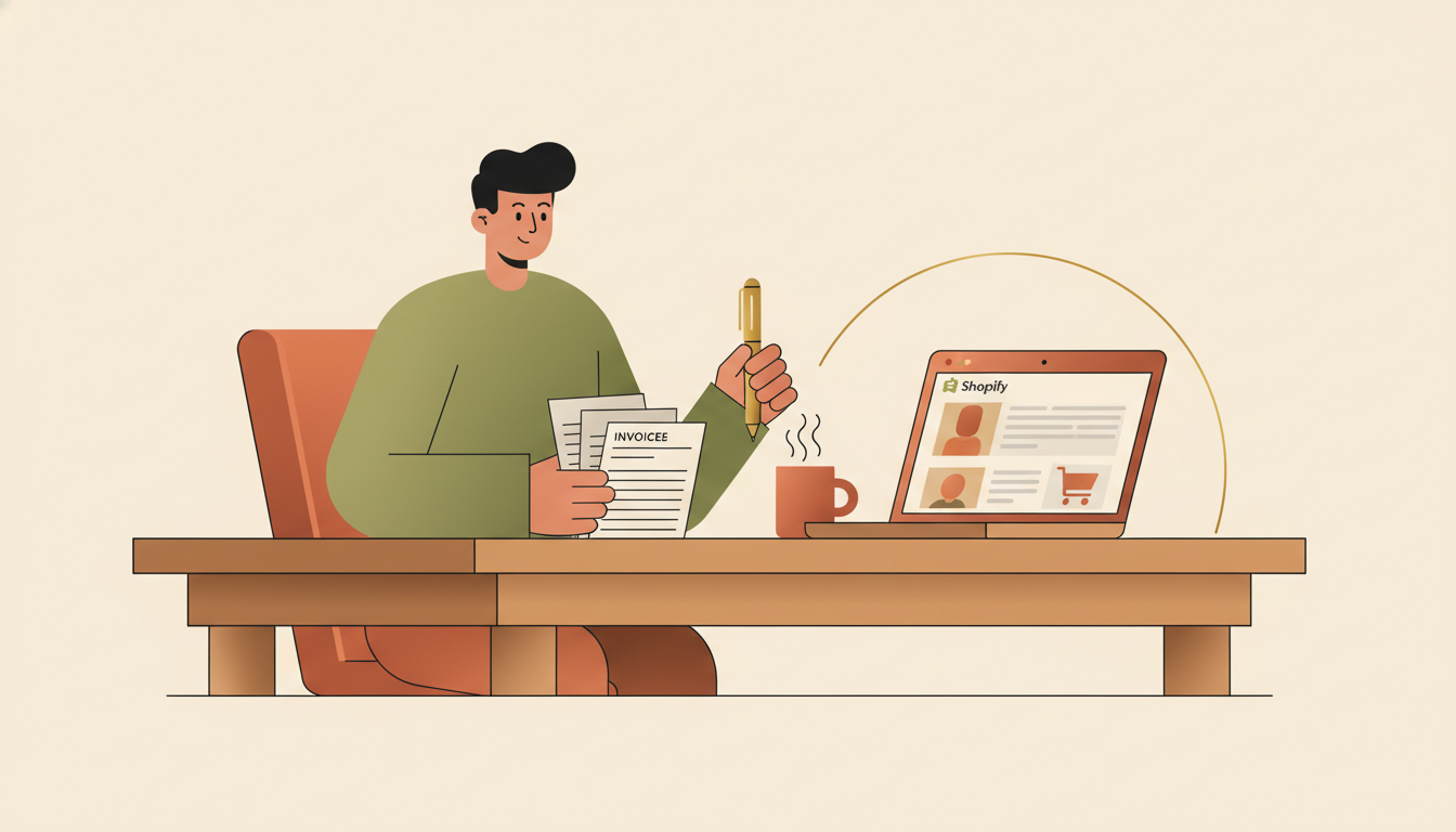 Small business owner reviewing developer invoices at a kitchen table with a laptop showing a Shopify store