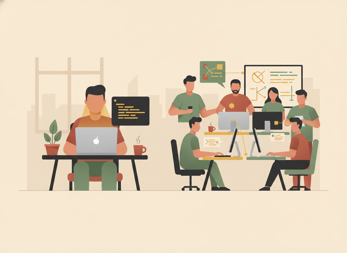 Split screen comparing a freelance developer working alone and a busy agency office full of designers and developers