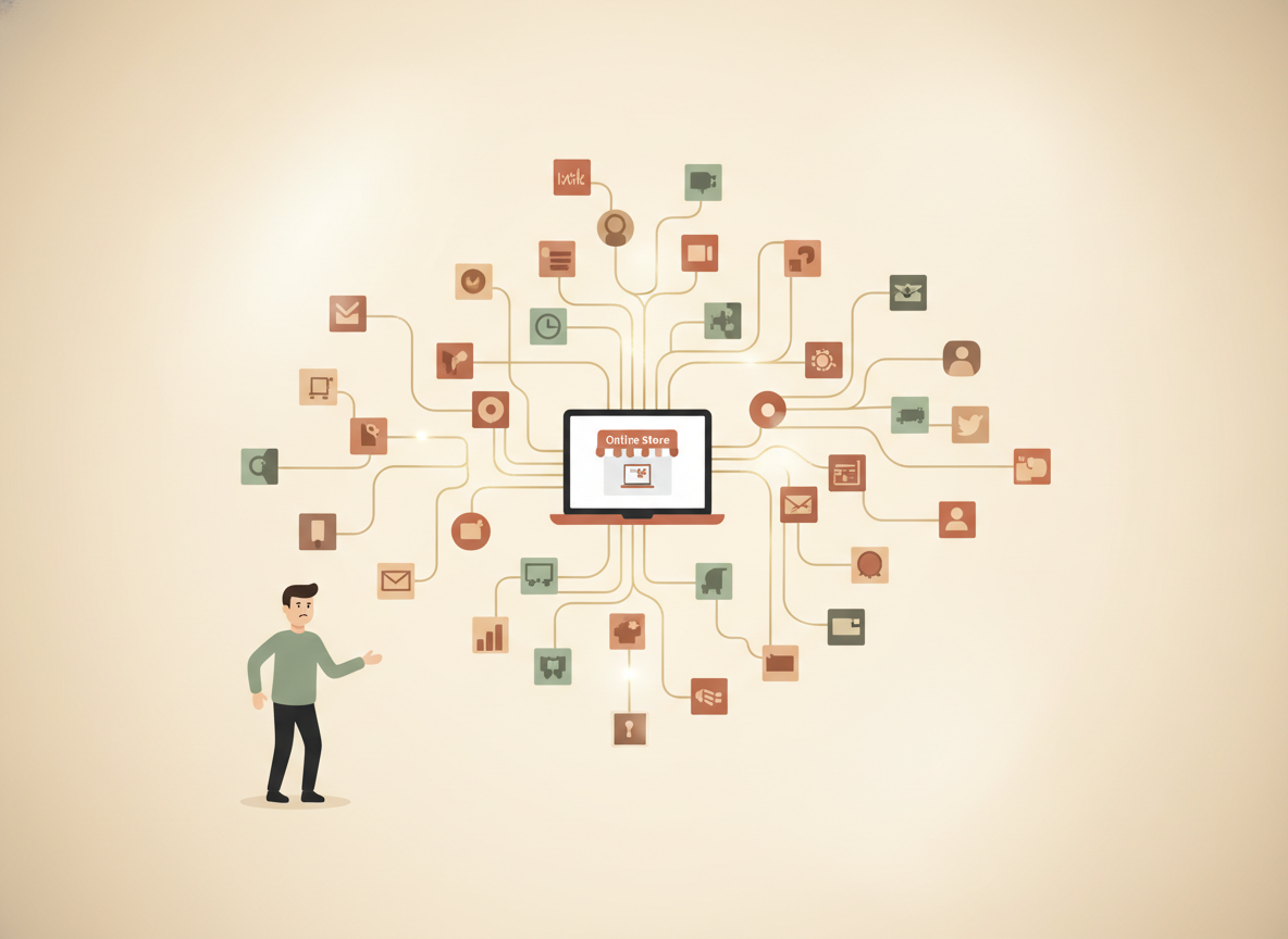 Tangled web of plugins and apps connected to a single online store, with a frustrated merchant looking at the mess