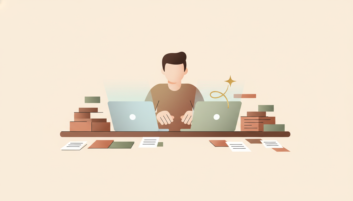 Small business owner sitting at a desk surrounded by stacks of invoices and receipts comparing two laptop screens