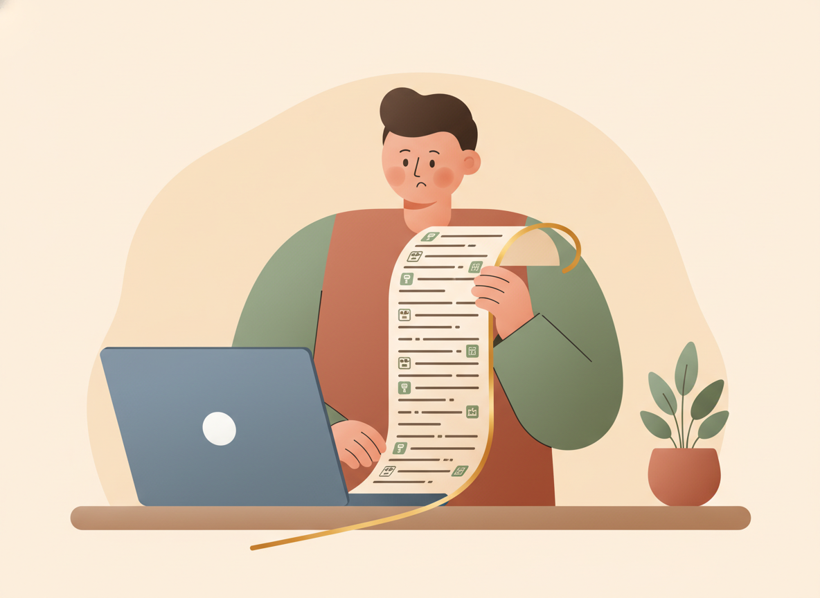 Merchant looking at a long receipt unfurling from a laptop showing dozens of monthly app subscription line items