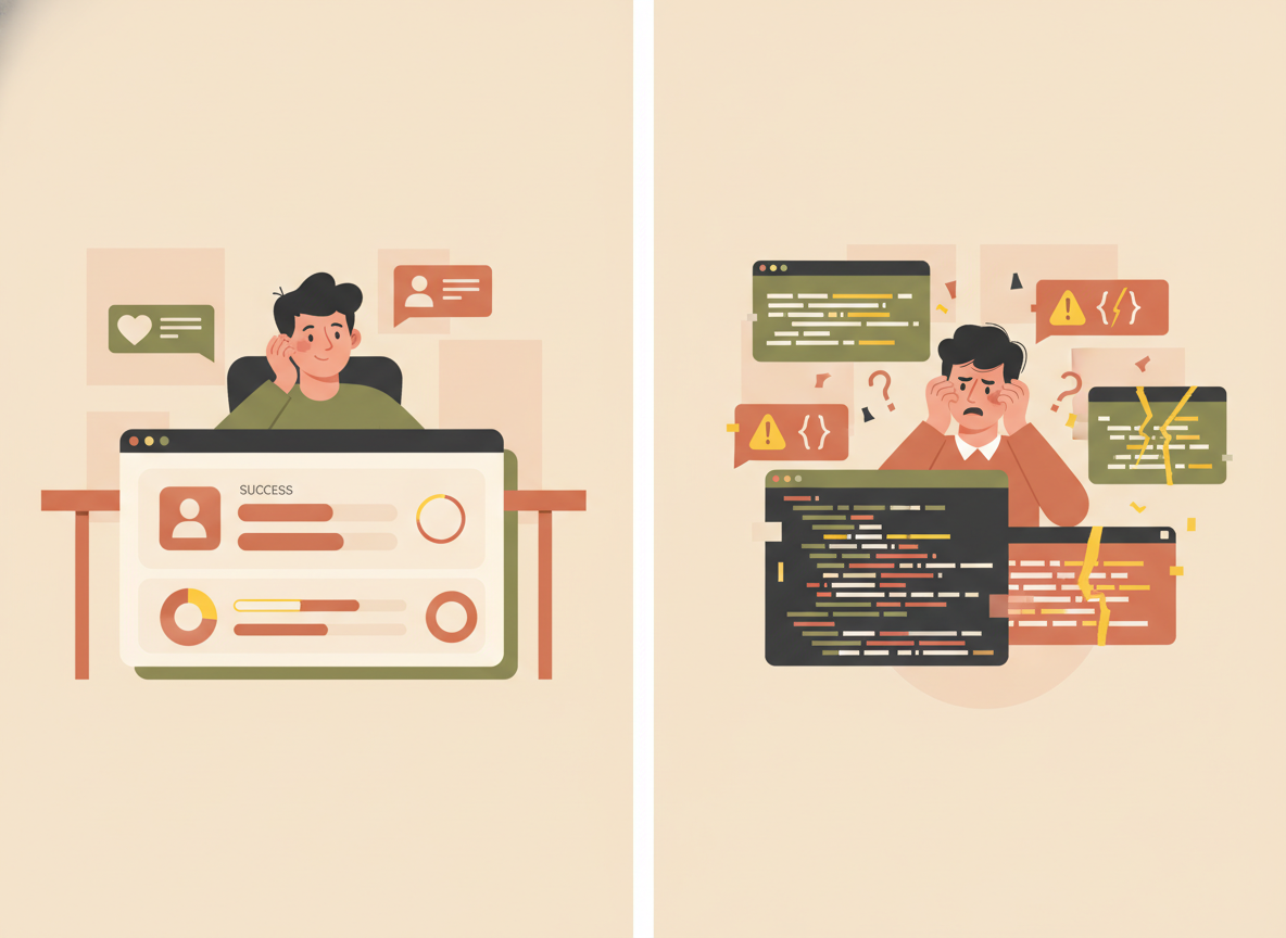 Two small business owners on a split screen one relaxed with simple dashboard the other surrounded by code editors and plugin warnings