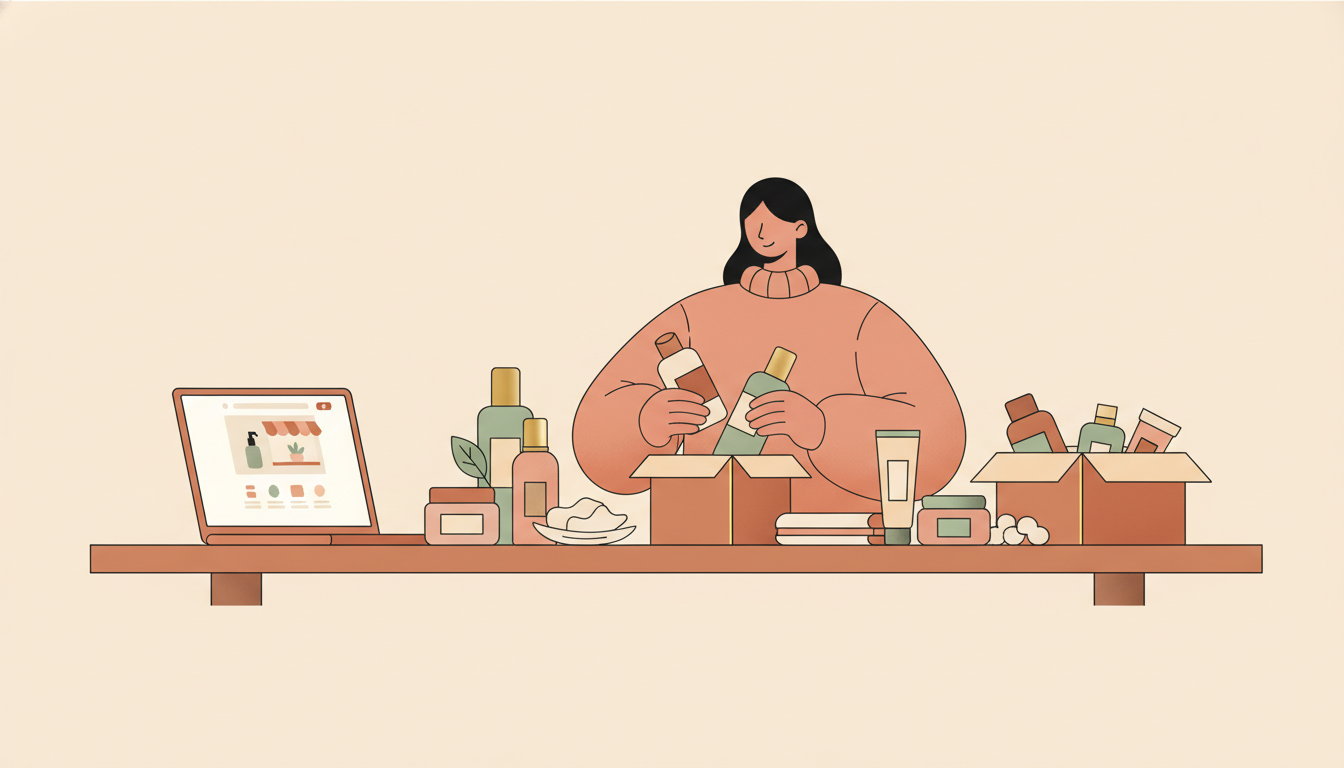 Indie beauty founder packing skincare orders at a sunlit kitchen table with a laptop showing her storefront
