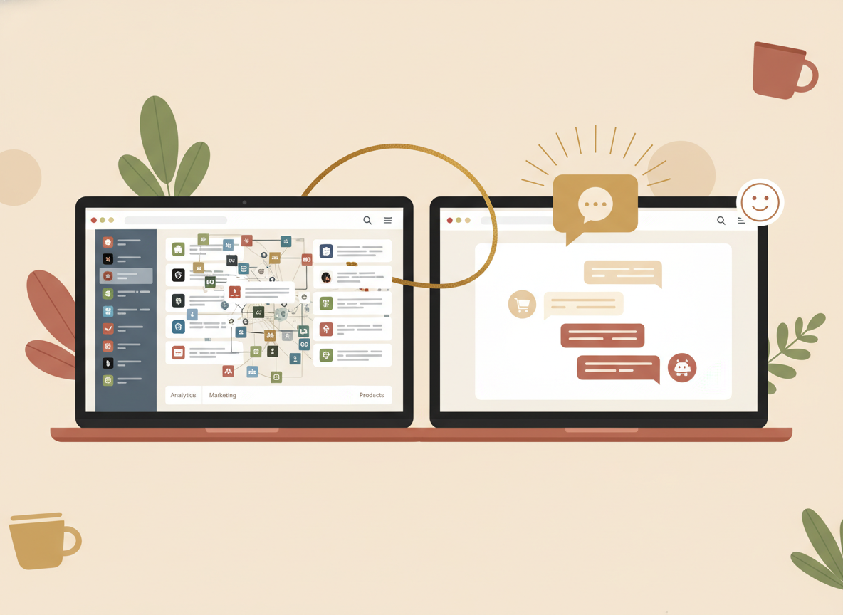 Side by side laptop screens comparing a cluttered Shopify app dashboard with a clean AI chat store builder