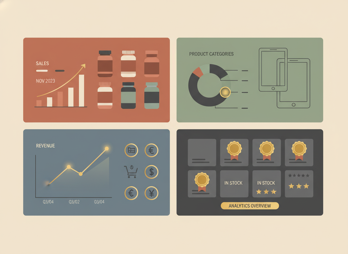 Split screen comparison of four ecommerce dashboards showing supplement products and analytics