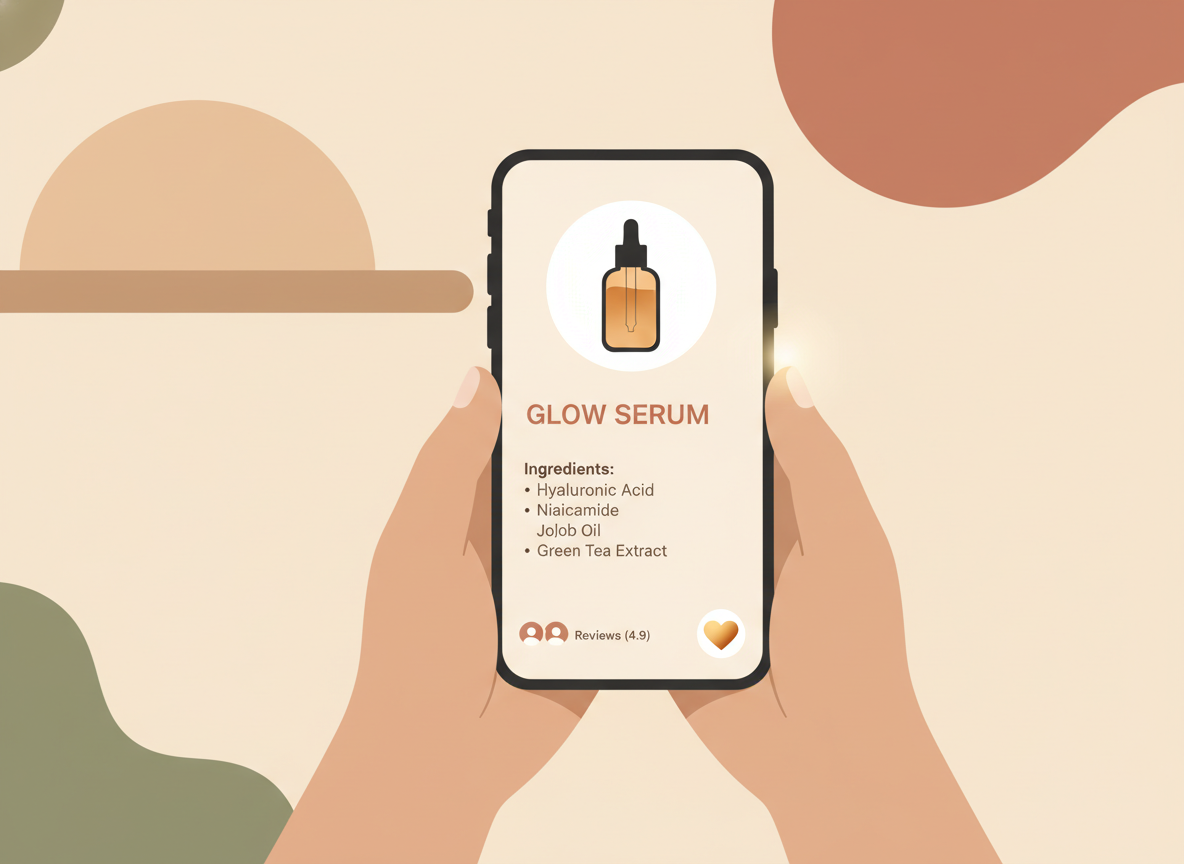 Close up of a phone showing a skincare product page with ingredient list reviews and a wishlist heart icon