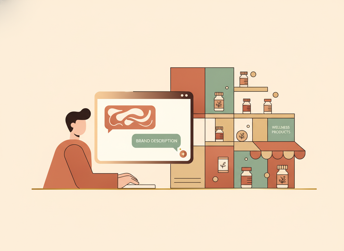 Founder typing a brand description into a chat interface as a complete supplement storefront builds itself in the background