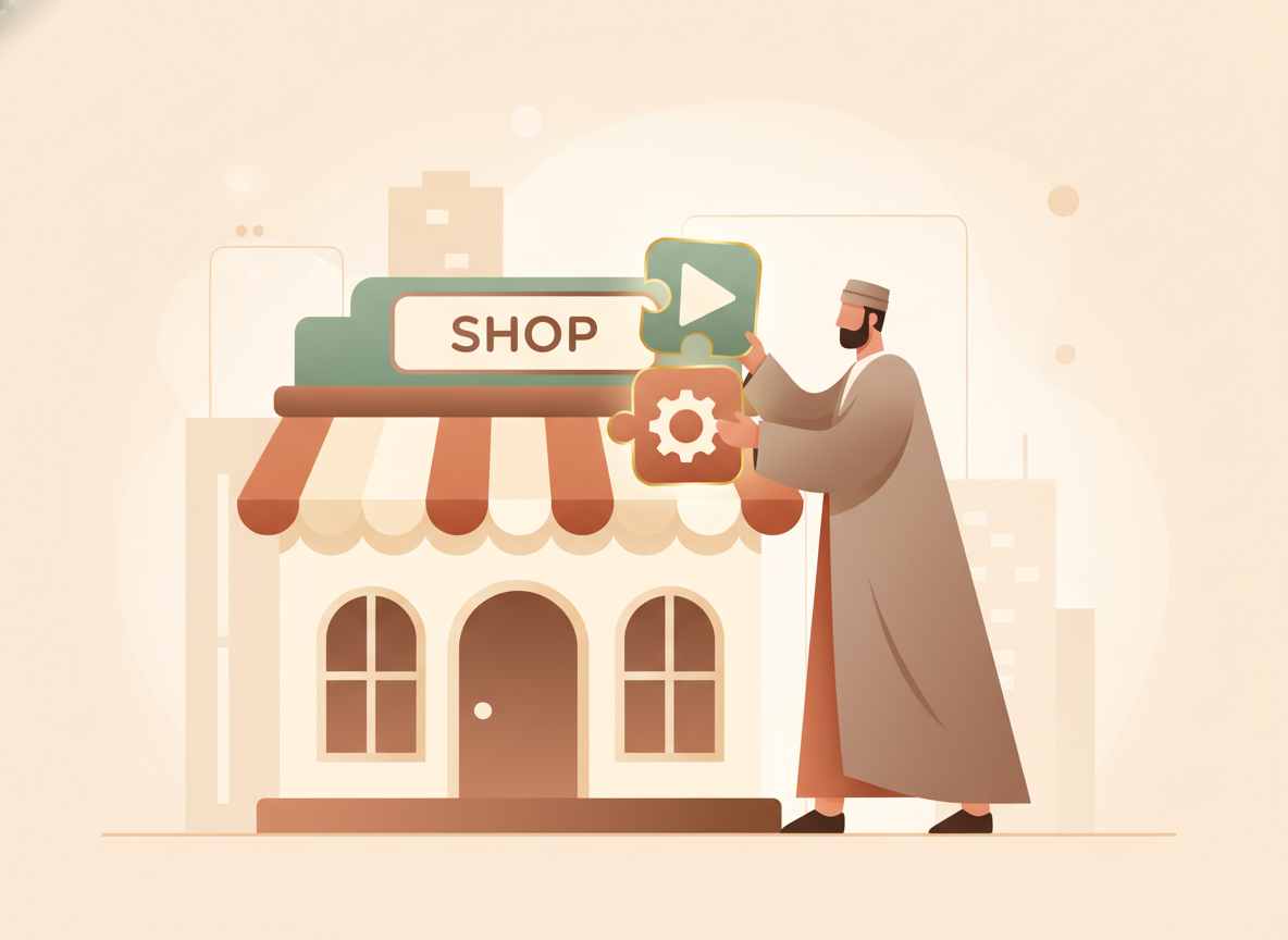 Merchant connecting puzzle pieces labeled with app icons to fill holes in a storefront illustration