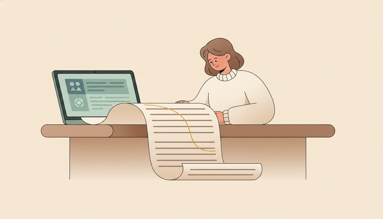 Store owner reviewing a long invoice covered in line items while a laptop shows a WooCommerce dashboard in the background