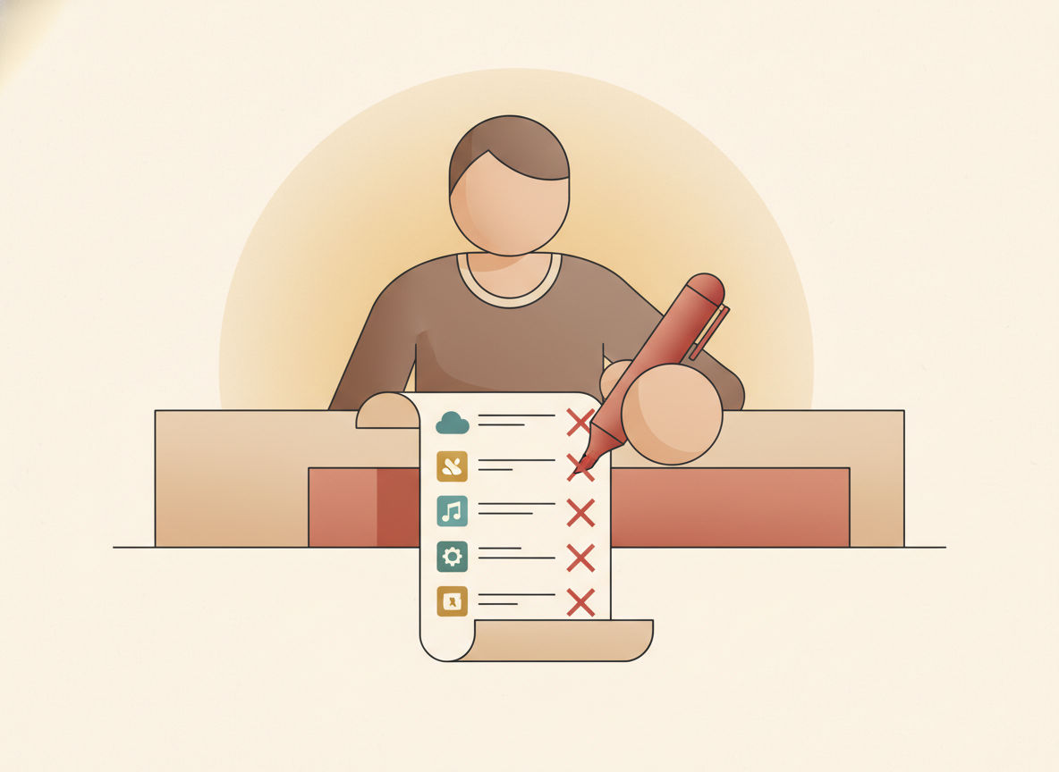 Operator at a desk crossing items off a long checklist of app subscriptions with a red marker