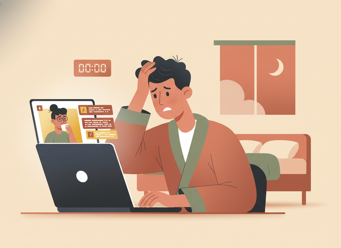 Frustrated merchant on a video call with a developer at midnight while error messages cover the laptop screen