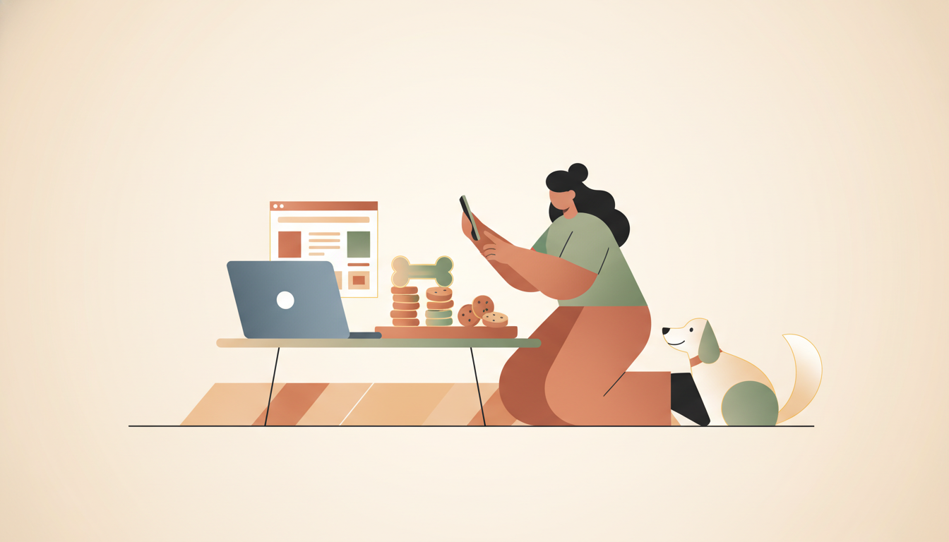 Small business owner photographing dog treats for an online pet store with a laptop showing product pages nearby