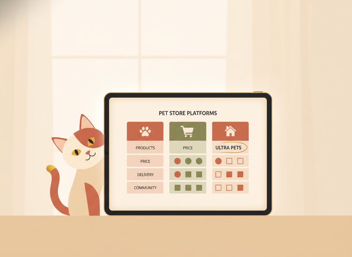 Comparison chart on a tablet screen showing different pet store platforms with cat watching curiously from the side