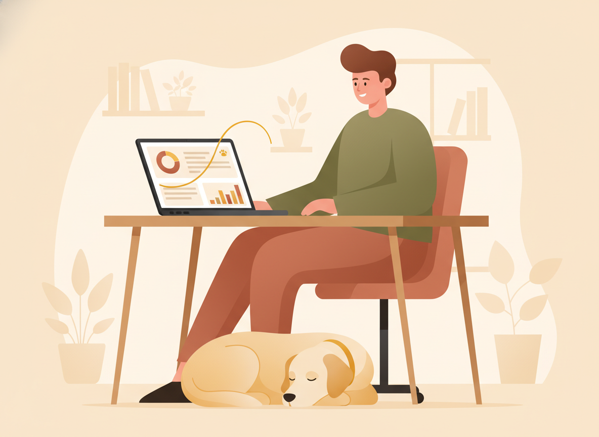 Founder reviewing pet store dashboard on laptop with golden retriever resting at their feet in a bright home office