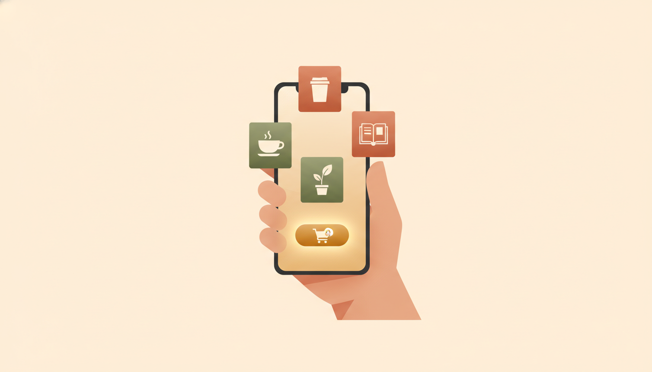 Shopper holding a smartphone with floating product cards and a checkout button glowing above the screen