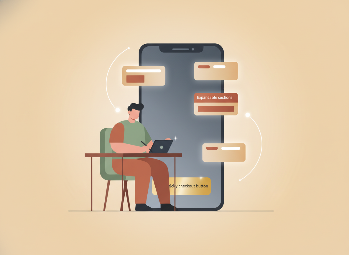 Designer reorganizing a mobile product page with sticky checkout button and expandable sections floating around the phone screen