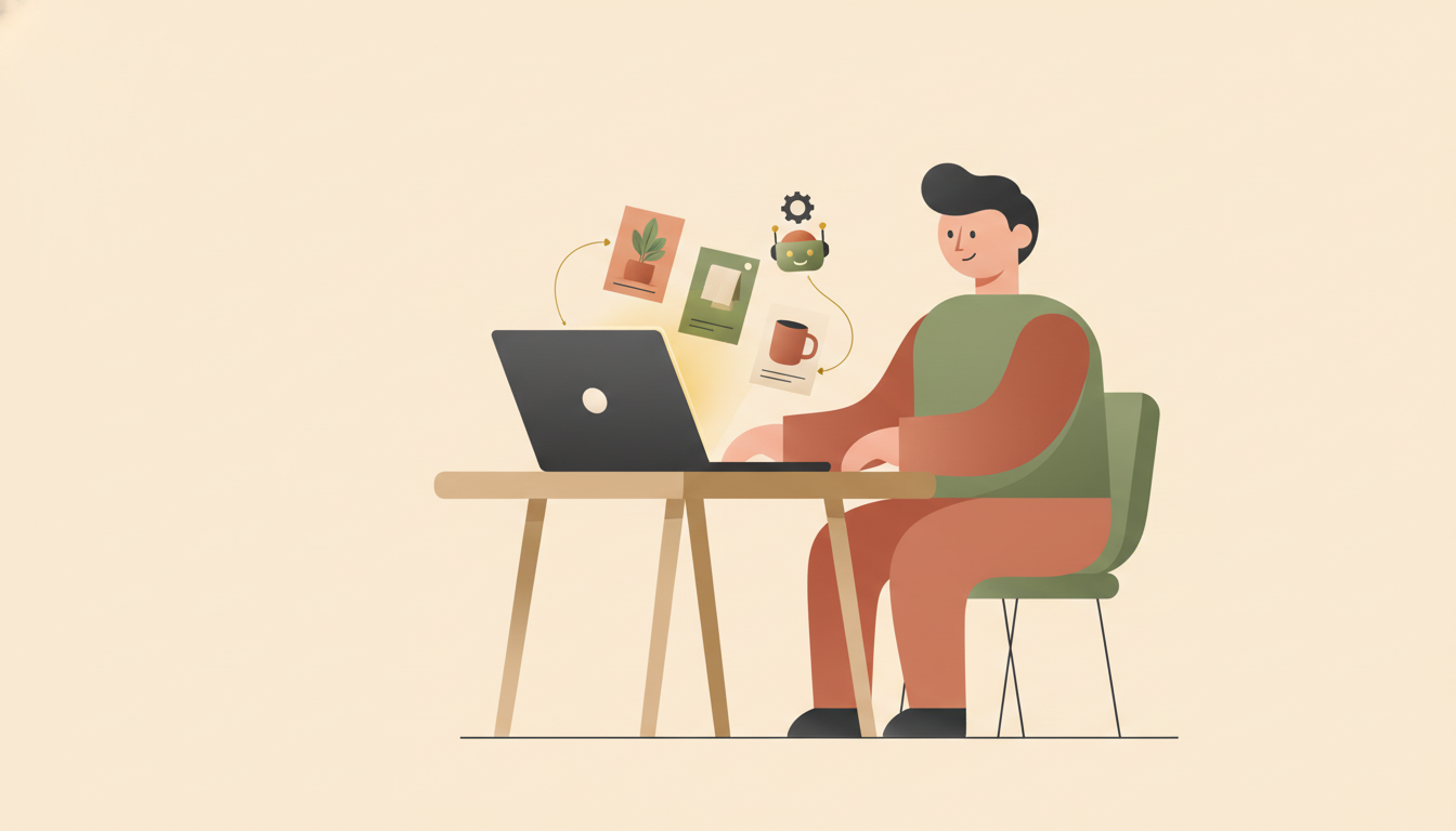 Small business owner sitting at a kitchen table watching an AI assistant build their online store on a laptop screen with floating product cards