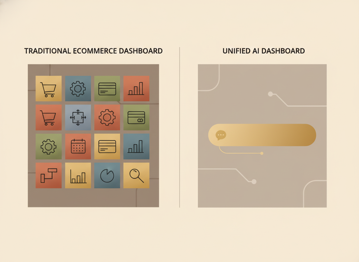 Split screen showing a traditional ecommerce dashboard cluttered with twelve plugin icons versus a clean unified AI dashboard with a single chat input