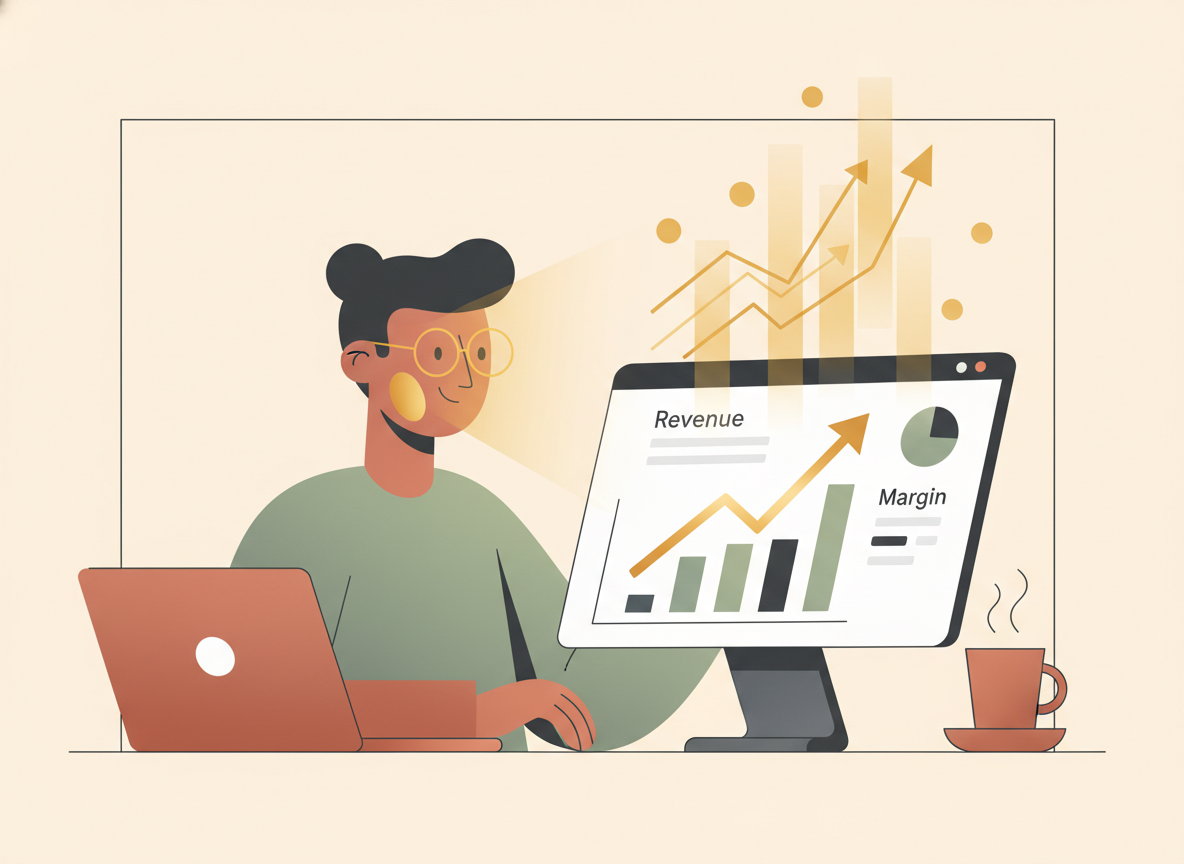 Ecommerce founder reviewing a glowing analytics dashboard at night with rising revenue and margin charts floating above the screen