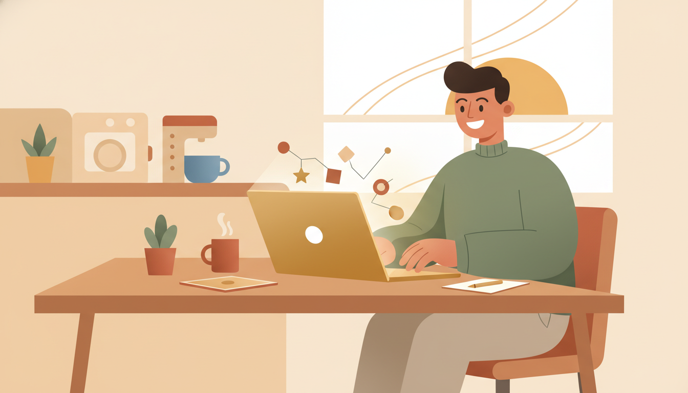 Excited entrepreneur opening a laptop to launch a new online store from a home kitchen table