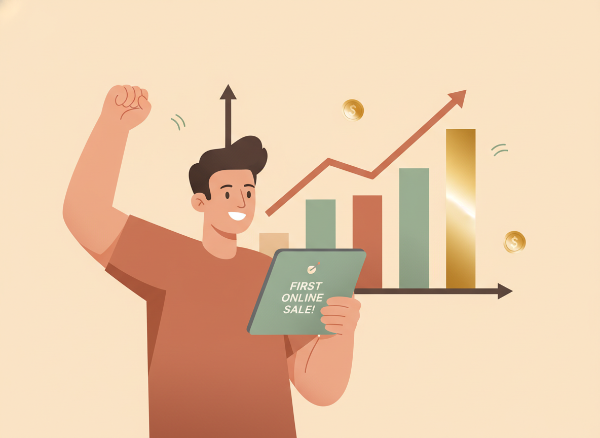 Shop owner celebrating a first online sale notification with a rising revenue chart on the wall behind them