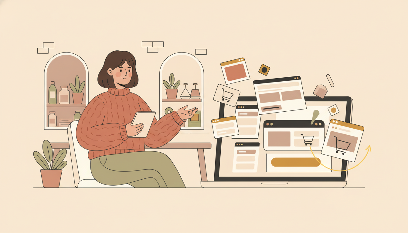 Small business owner describing their shop to a laptop as a full online store assembles on screen