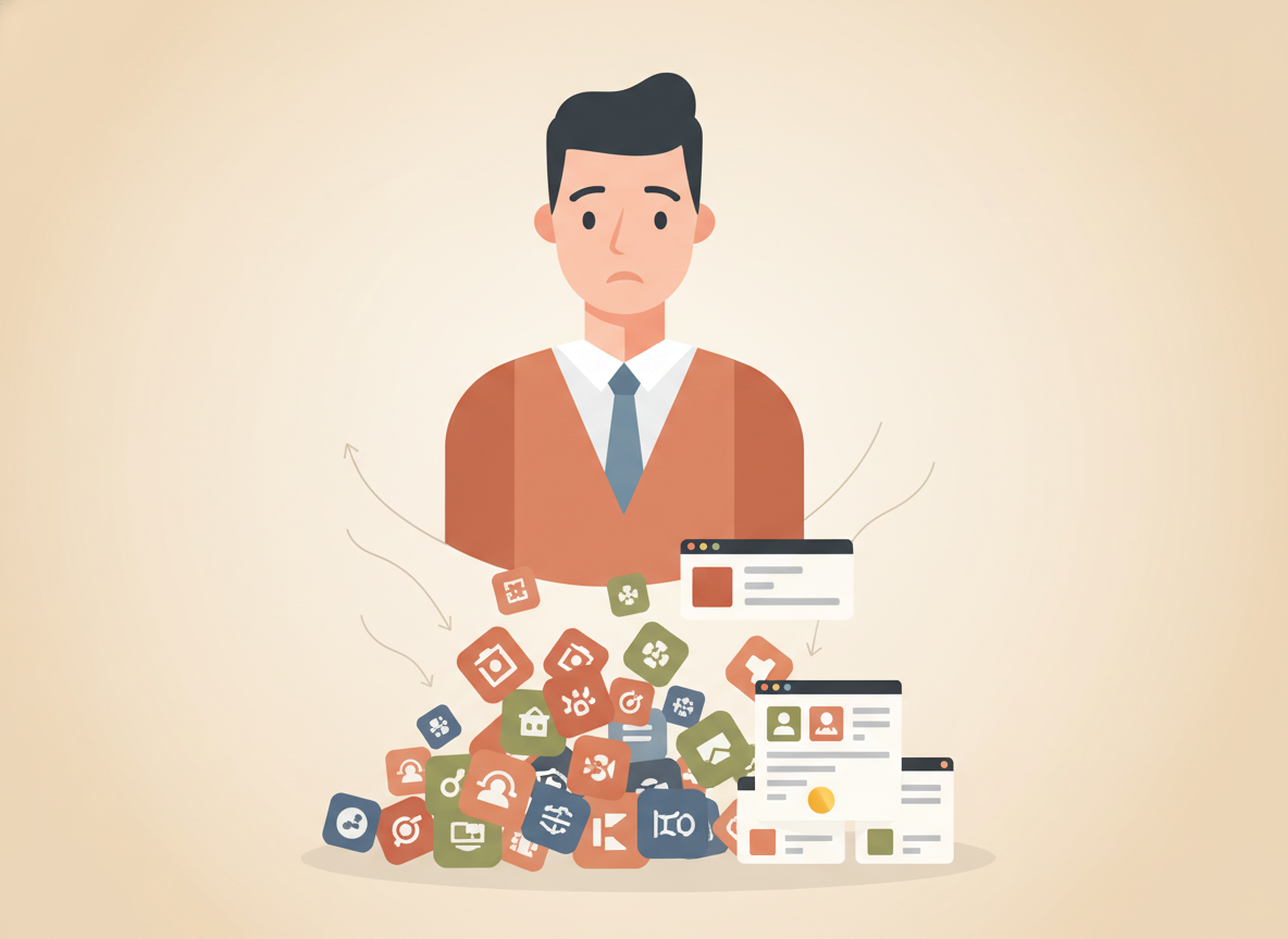 Merchant looking relieved as a tangled pile of plugin icons collapses into one clean dashboard