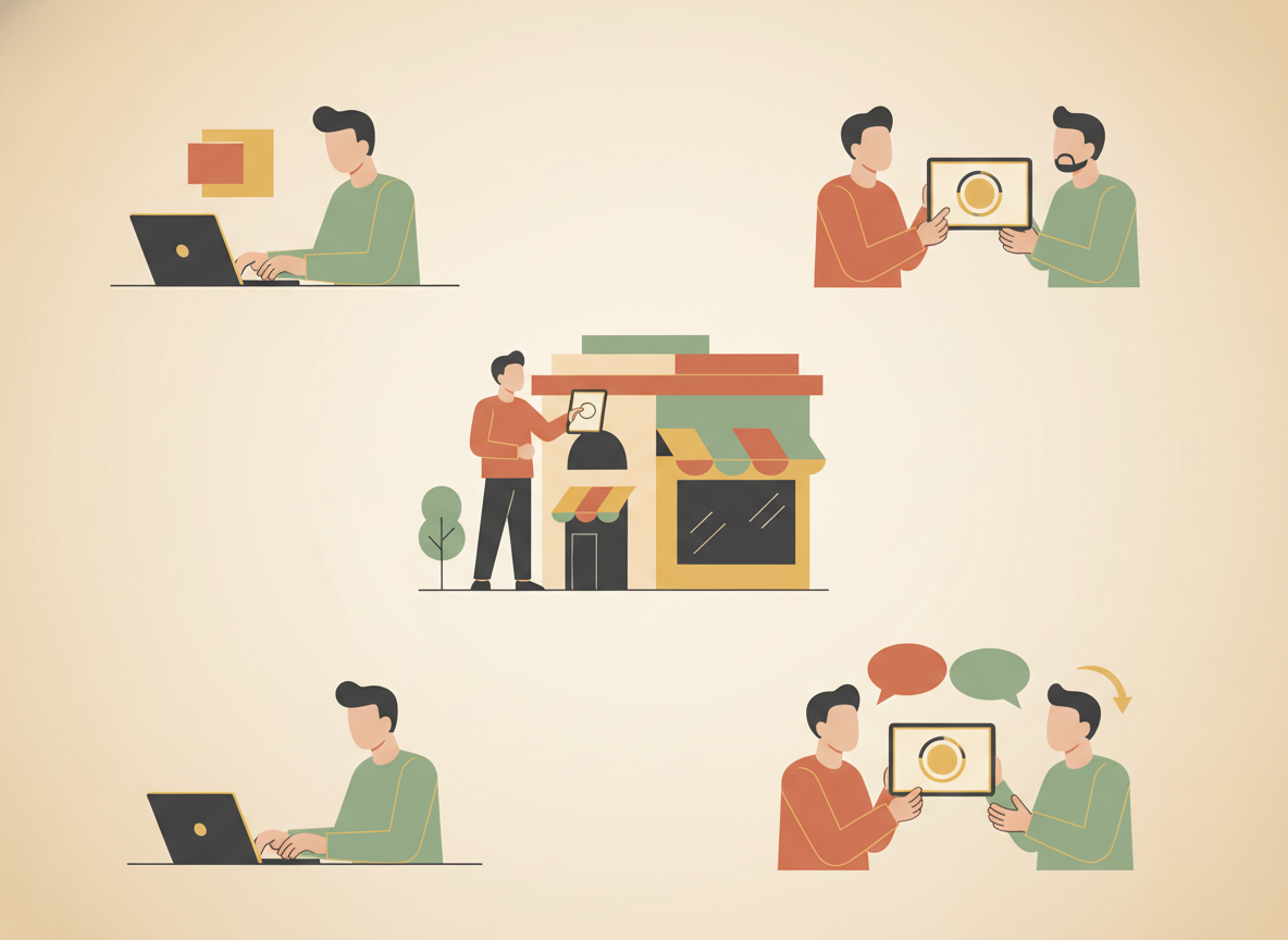Three-panel scene showing a person typing, reviewing a storefront, and chatting to adjust the design